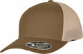 A brown and beige mesh baseball cap from Flexfit By Yupoong, featuring the YP188 model with a Flexfit 110 sticker on the brim.