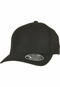 A YP189 black baseball cap by Flexfit By Yupoong, featuring a curved brim and a front sticker.