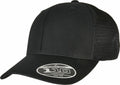 A black mesh baseball cap featuring a curved brim and an emblem on the front, part of the Flexfit By Yupoong collection, model YP190.