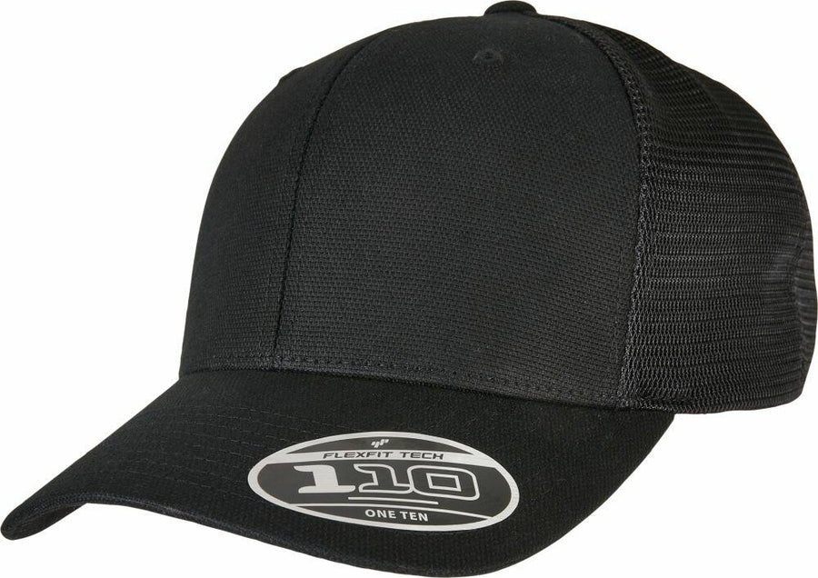 A black mesh baseball cap featuring a curved brim and an emblem on the front, part of the Flexfit By Yupoong collection, model YP190.