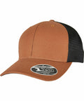 A brown and black baseball cap with a mesh back and "YP190 Flexfit By Yupoong" label on the brim.