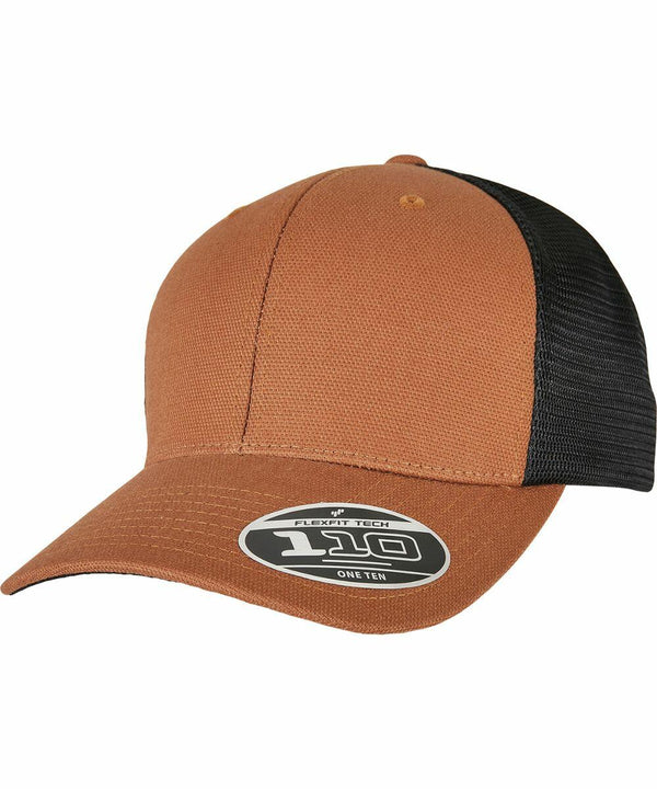 A brown and black baseball cap with a mesh back and "YP190 Flexfit By Yupoong" label on the brim.