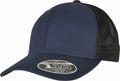 A navy blue and black mesh baseball cap featuring a Flexfit By Yupoong YP190 sticker on the brim.