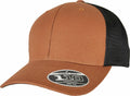 Flexfit By Yupoong YP190 mesh trucker cap in brown and black, featuring a sticker on the bill that reads "Flexfit Tech 110 One Ten.
