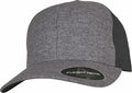 A gray baseball cap featuring a textured design and a sticker on the brim displaying the brand "Flexfit By Yupoong" and size "S/M," identified as product "YP194.
