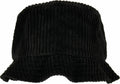 A black corduroy bucket hat with a ribbed texture by Flexfit By Yupoong, model YP197.