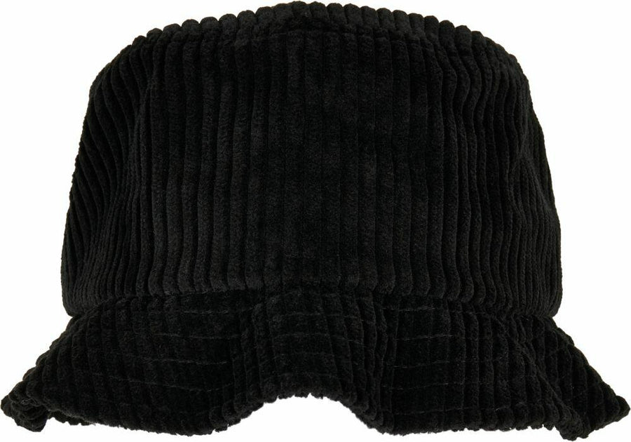 A black corduroy bucket hat with a ribbed texture by Flexfit By Yupoong, model YP197.