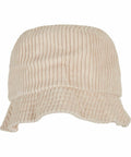 A beige corduroy bucket hat with a wide, slightly frayed brim, the Flexfit By Yupoong YP197.