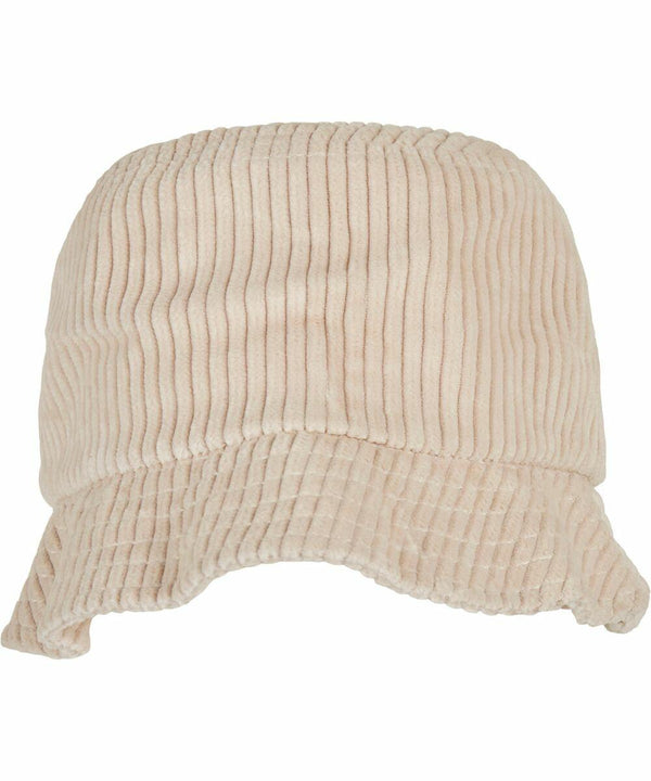 A beige corduroy bucket hat with a wide, slightly frayed brim, the Flexfit By Yupoong YP197.