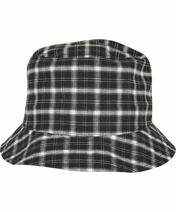 A black and white checkered bucket hat with a wide, downward-sloping brim, the YP198 by Flexfit By Yupoong.