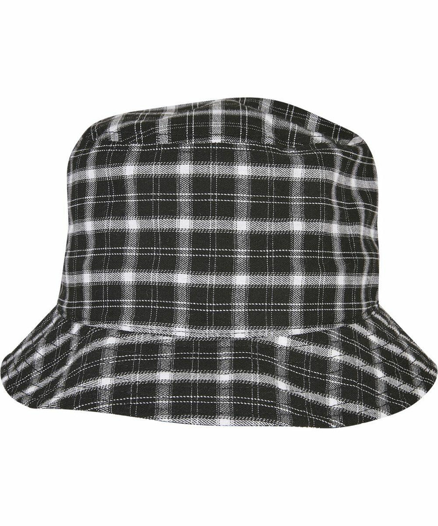 A black and white checkered bucket hat with a wide, downward-sloping brim, the YP198 by Flexfit By Yupoong.