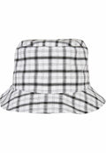 The YP198 by Flexfit By Yupoong is a black and white checkered bucket hat featuring a flat top and a wide, flexible brim.
