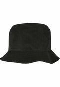 Experience the YP199 by Flexfit By Yupoong, a black bucket hat featuring a wide brim, flat crown, and a smooth fabric texture.