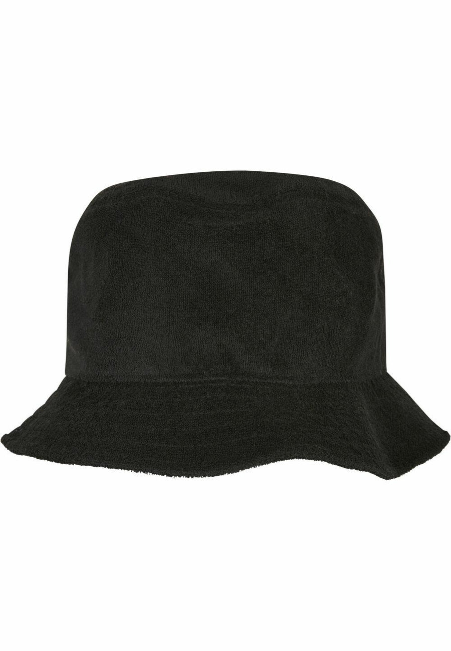 Experience the YP199 by Flexfit By Yupoong, a black bucket hat featuring a wide brim, flat crown, and a smooth fabric texture.