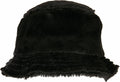 The YP200 by Flexfit By Yupoong is a black faux fur bucket hat featuring a soft, fuzzy texture.