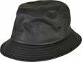 The YP201 by Flexfit By Yupoong is a black leather bucket hat featuring a wide, stitched brim and ventilation holes on the sides.