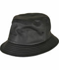 A Flexfit By Yupoong YP201 black leather bucket hat with stitched brim and small side ventilation holes.