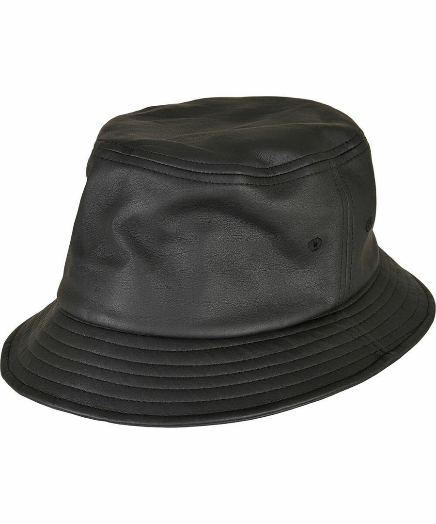 A Flexfit By Yupoong YP201 black leather bucket hat with stitched brim and small side ventilation holes.