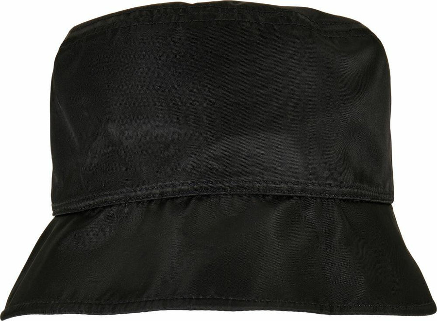 A Flexfit By Yupoong YP202 bucket hat in black featuring a wide brim and a simple design.