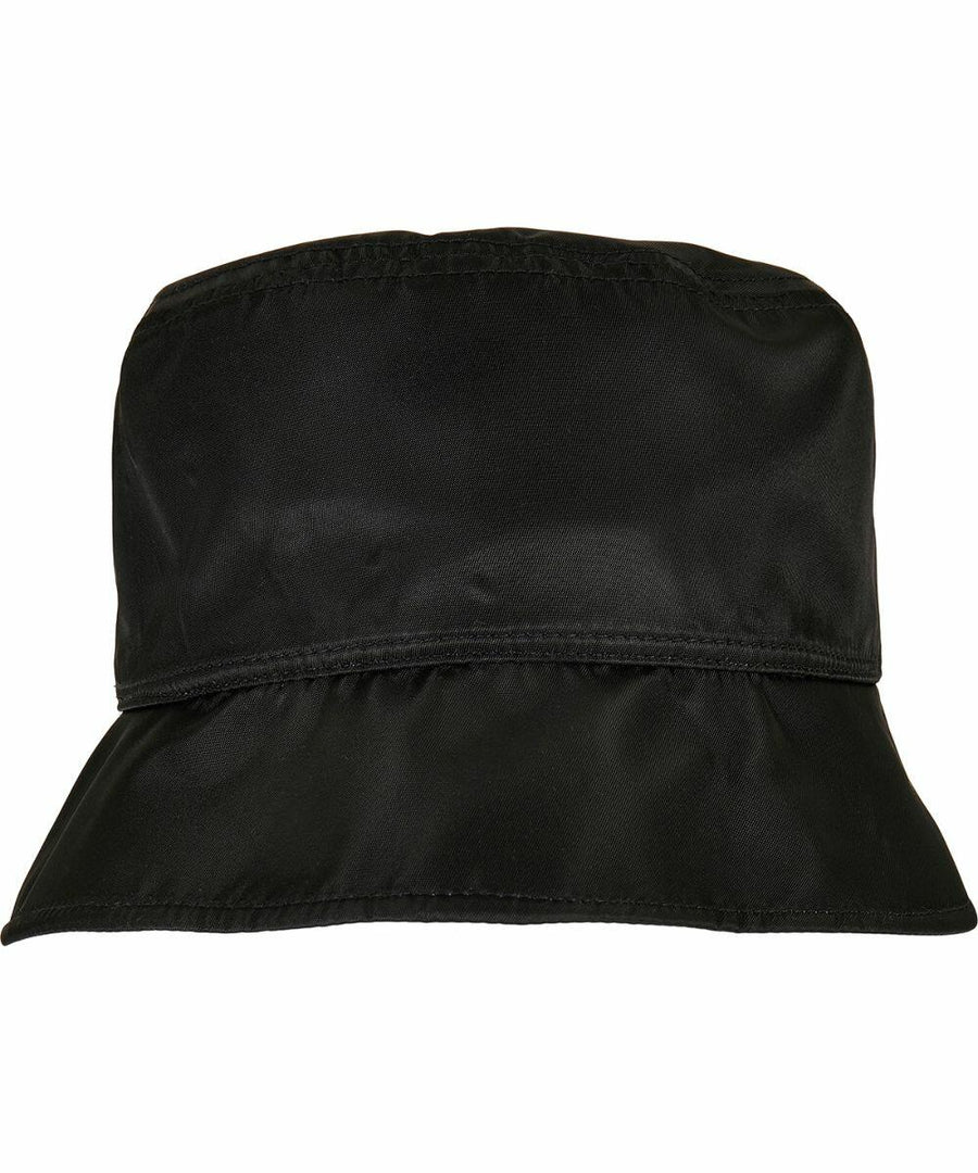 A black YP202 bucket hat by Flexfit By Yupoong with a wide brim and visible stitching along the crown and brim.