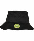 Black bucket hat with a "breathe again" green badge featuring a maple leaf, Flexfit By Yupoong YP203.