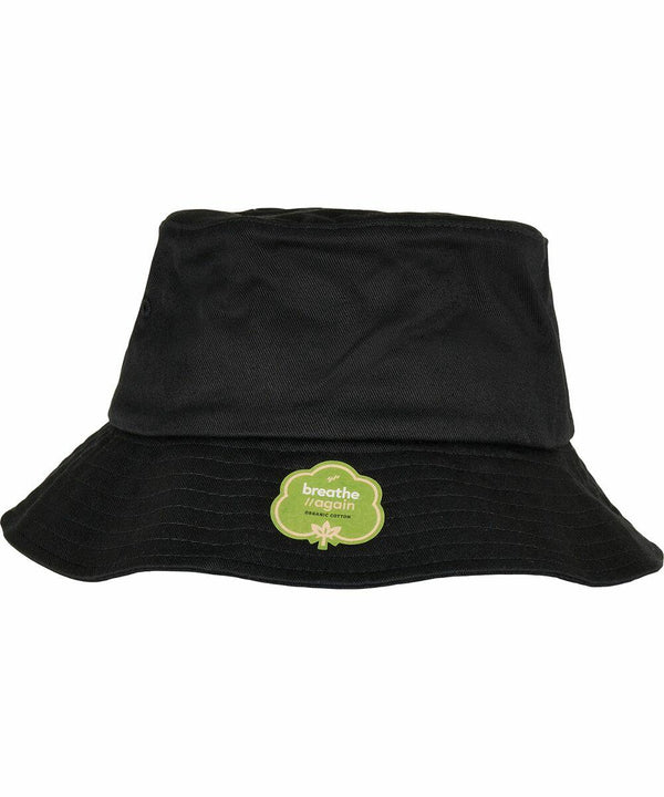 Black bucket hat with a "breathe again" green badge featuring a maple leaf, Flexfit By Yupoong YP203.