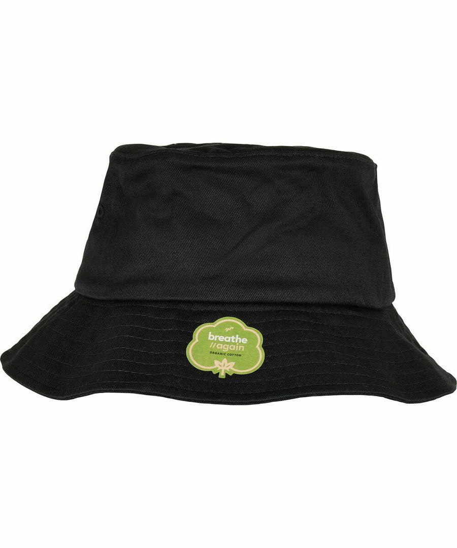 Black bucket hat with a "breathe again" green badge featuring a maple leaf, Flexfit By Yupoong YP203.