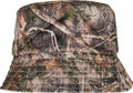The Flexfit By Yupoong YP204 is a camouflaged bucket hat with a forest pattern that includes branches and leaves.