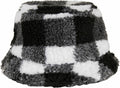 Flexfit By Yupoong's YP205 is a fleece bucket hat with a checkered pattern in black, gray, and white and features a fluffy texture.