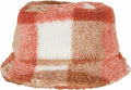 A Flexfit By Yupoong fuzzy bucket hat with a plaid pattern in shades of pink, white, and brown, referred to as product name YP205.