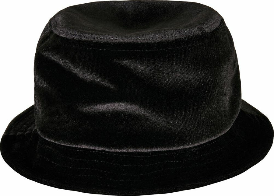 The Flexfit By Yupoong YP206 features a front view of a black velvet bucket hat with a wide brim.