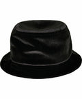 A black velvet bucket hat with a flat top and a narrow brim, the YP206 by Flexfit By Yupoong.