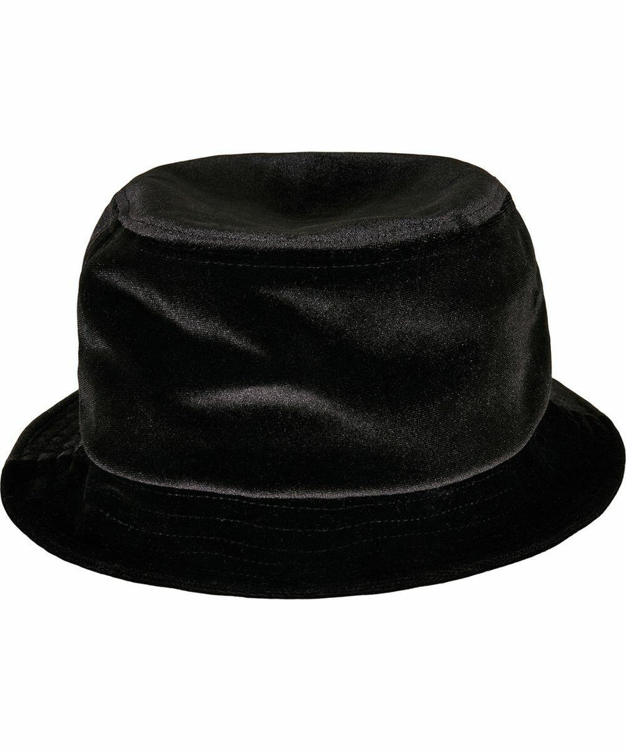 A black velvet bucket hat with a flat top and a narrow brim, the YP206 by Flexfit By Yupoong.