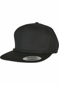 A YP207 snapback hat by Flexfit By Yupoong in black, featuring a braided rope detail above the brim.