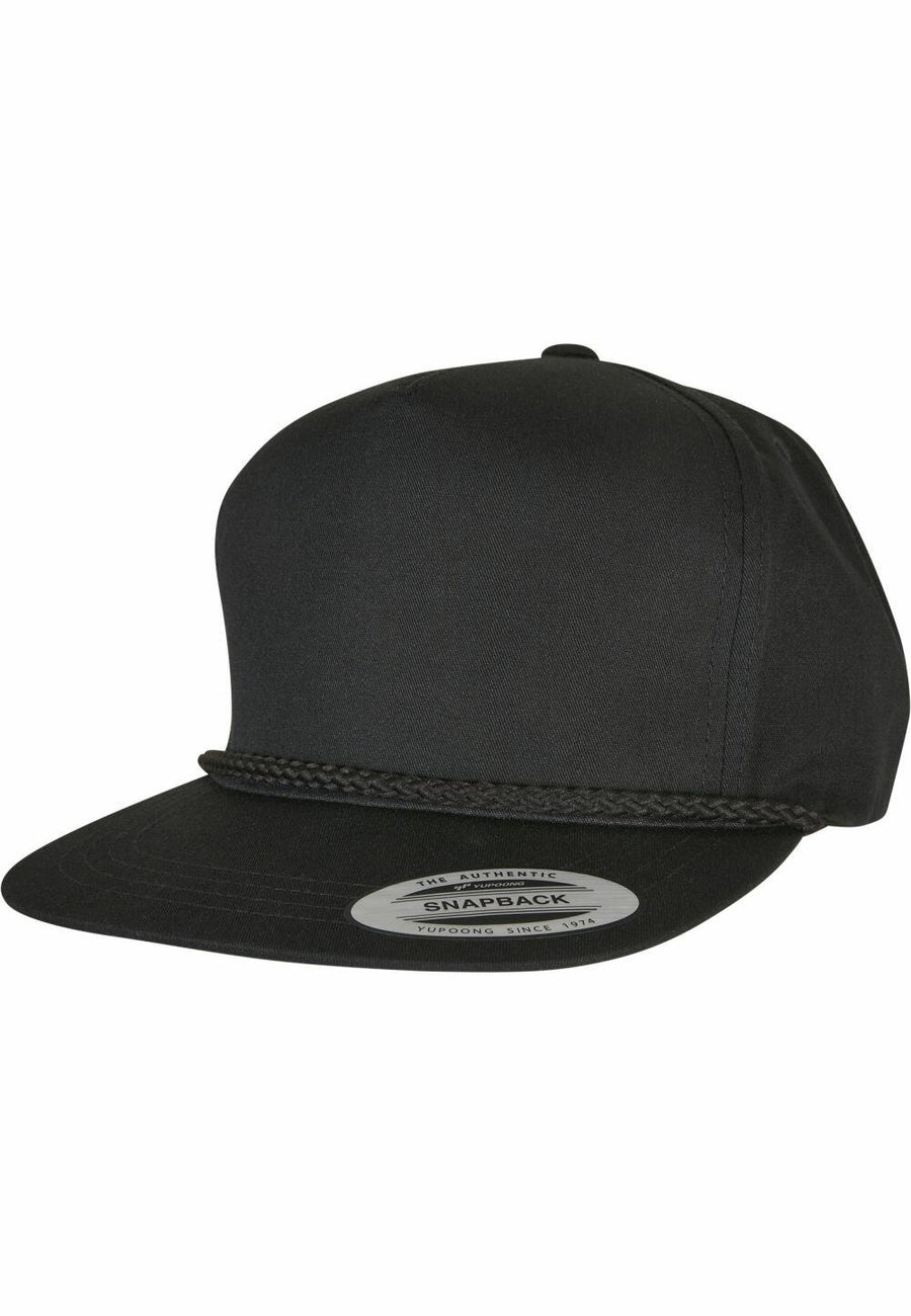 A YP207 snapback hat by Flexfit By Yupoong in black, featuring a braided rope detail above the brim.