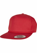 A YP207 cap by Flexfit By Yupoong, featuring a red snapback design with a braided band on the brim and a sticker on the visor.