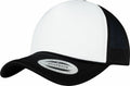 A YP208 snapback cap by Flexfit By Yupoong, featuring a black and white design with a mesh back and a sticker on the brim.