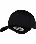 A solid black YP208 snapback cap by Flexfit By Yupoong with a curved brim and a mesh back panel, featuring a circular sticker on the brim that reads "Snapback".