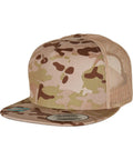 A YP210 snapback hat by Flexfit By Yupoong, featuring a camouflage design and a mesh back panel.