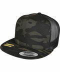 A Flexfit By Yupoong YP210 with a black mesh back and a sticker on the brim.