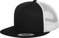 The Flexfit By Yupoong YP211 snapback trucker hat features a mesh back and flat brim in black and white.