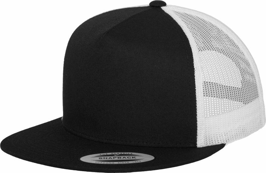The Flexfit By Yupoong YP211 snapback trucker hat features a mesh back and flat brim in black and white.