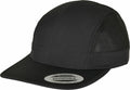 Flexfit By Yupoong's YP213 adjustable mesh-back cap in black, featuring a sticker on the brim.