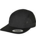 A black adjustable baseball cap with a curved brim and mesh panels on the sides, named YP213 by Flexfit By Yupoong.