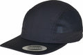 A Flexfit By Yupoong YP213 cap, featuring a black adjustable design with a mesh panel and flat brim, showcased at an angle.