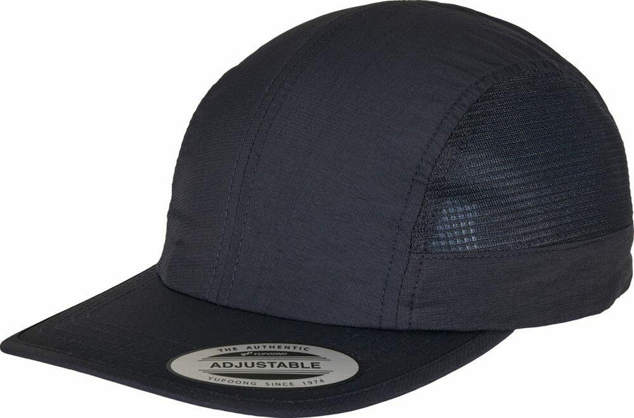 A Flexfit By Yupoong YP213 cap, featuring a black adjustable design with a mesh panel and flat brim, showcased at an angle.