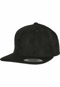 A black suede baseball cap with a flat brim and a sticker on the front, known as the YP216 by Flexfit By Yupoong.