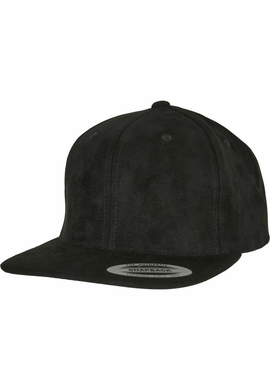 A black suede baseball cap with a flat brim and a sticker on the front, known as the YP216 by Flexfit By Yupoong.