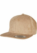 The YP216 by Flexfit By Yupoong is a tan suede baseball cap featuring a flat brim and a snapback closure at the back.