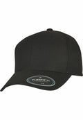 Black YP217 baseball cap by Flexfit By Yupoong, featuring a curved brim and a Flexfit sticker on the front.